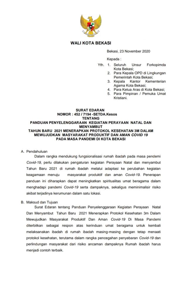 Sambut Natal dan Tahun Baru, PEMKOT Bekasi Himbau Warga Terapkan 3M