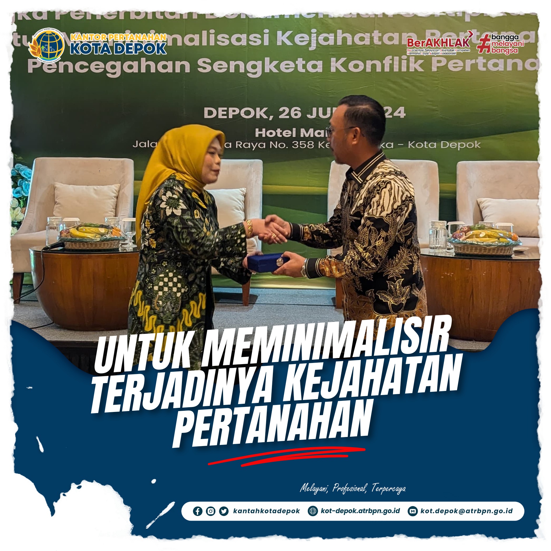 Kepala Badan Pertanahan Nasional (BPN) Kota Depok Indra Gunawan saat menjadi pembicara dalam sosialisasi implementasi Kantor Elektronik dengan melibatkan seluruh PPAT dan PPATS se-Kota Depok, di The Hotel Margo, Rabu 26 Juni 2024.